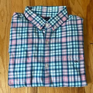 Vineyard Vines Men's Casual Pink and Blue Check Shirt